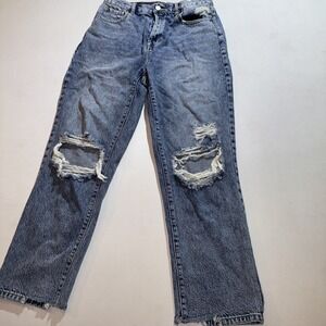 Women's Size 27 Blue High Rise Crop Straight Distressed Button Fly Jeans Acid
